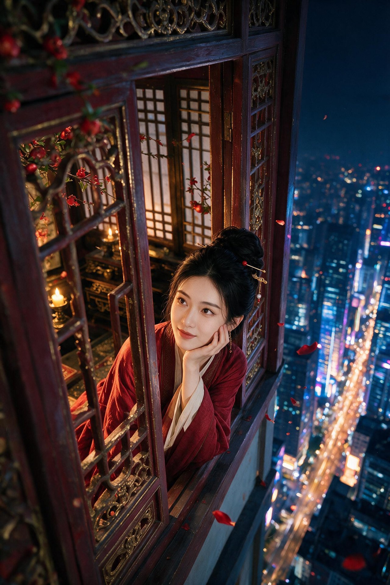 古窗前的红衣貂蝉望向现代都市夜景，象征三国人物穿越现代桌面陪伴